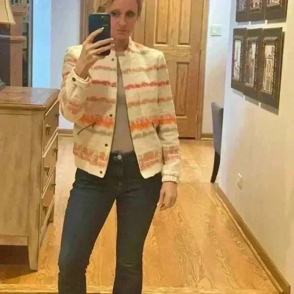 Alice + Olivia Orange Cream Stripped Aztec Jacket Lightweight Coat Size Medium. - Picture 6 of 14